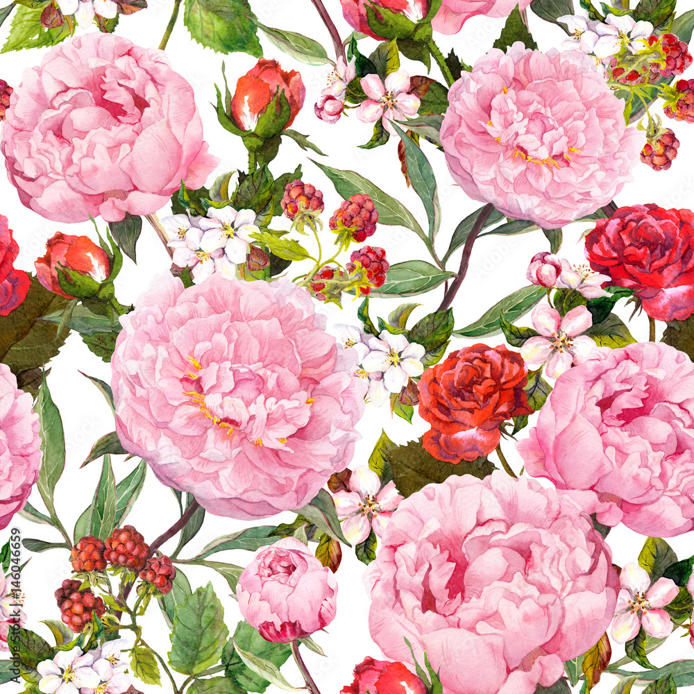 Peony flowers, red roses, sakura. Seamless floral background. Watercolor