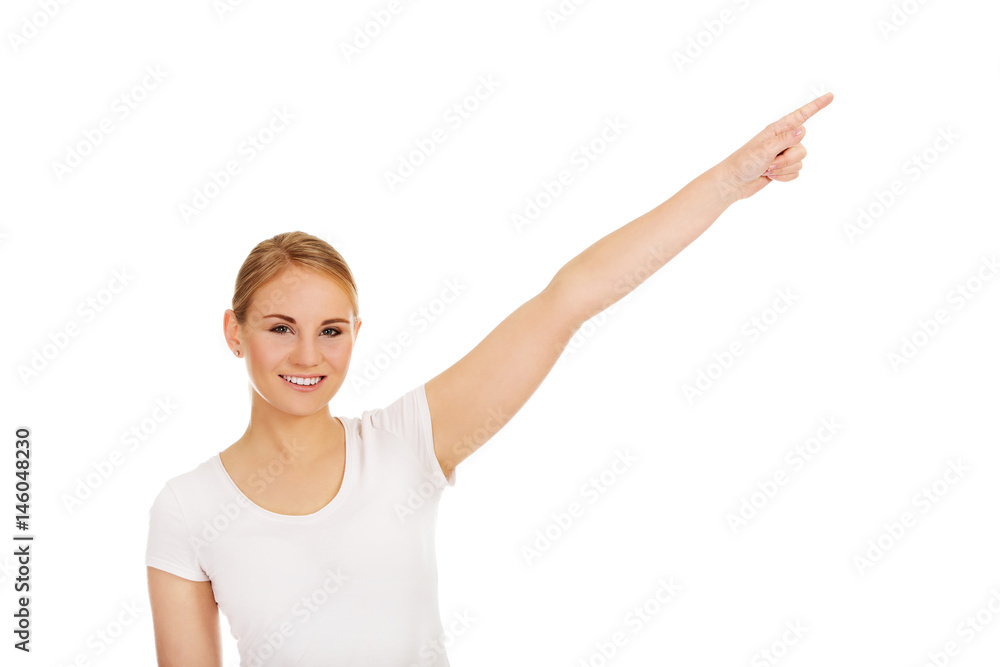 Student woman showing copyspace or something Student woman showing copyspace or something