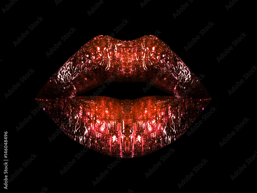 Fototapeta premium Brilliant lips with red lipstick isolated on black background. Lip gloss, cosmetics for makeup. Sensual sexy female lips. Contour of painted lips
