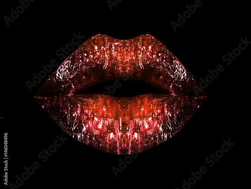 Brilliant lips with red lipstick isolated on black background. Lip gloss, cosmetics for makeup. Sensual sexy female lips. Contour of painted lips