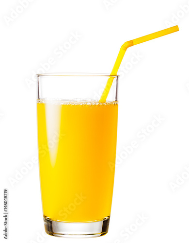 Full glass of orange juice with a straw