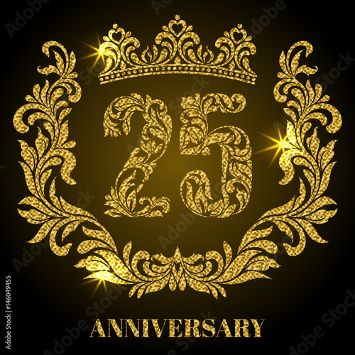 Anniversary of 25 years. Digits, frame and crown made in swirls and floral elements with gold glitter and sparkle