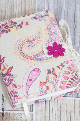 Notebooks, planners and photo albums in scrapbooking style with colorful pages