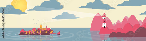 Paper-cut Style Applique Panorama Lighthouse and Small Island with House and Trees - Vector Illustration