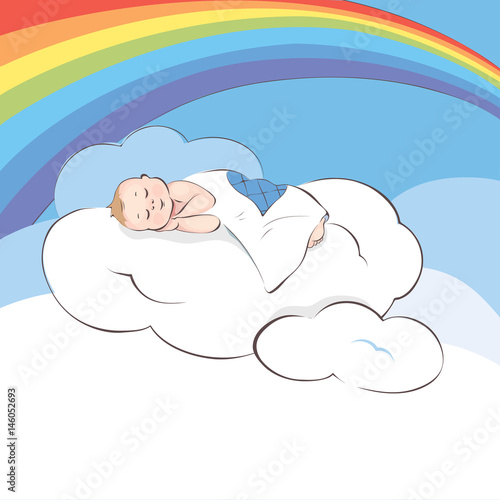 Colorful dreams / Baby sleeping on a cloud, vector illustration