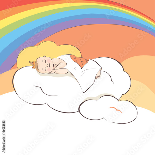 Colorful dreams / Baby girl sleeping on a cloud, vector illustration