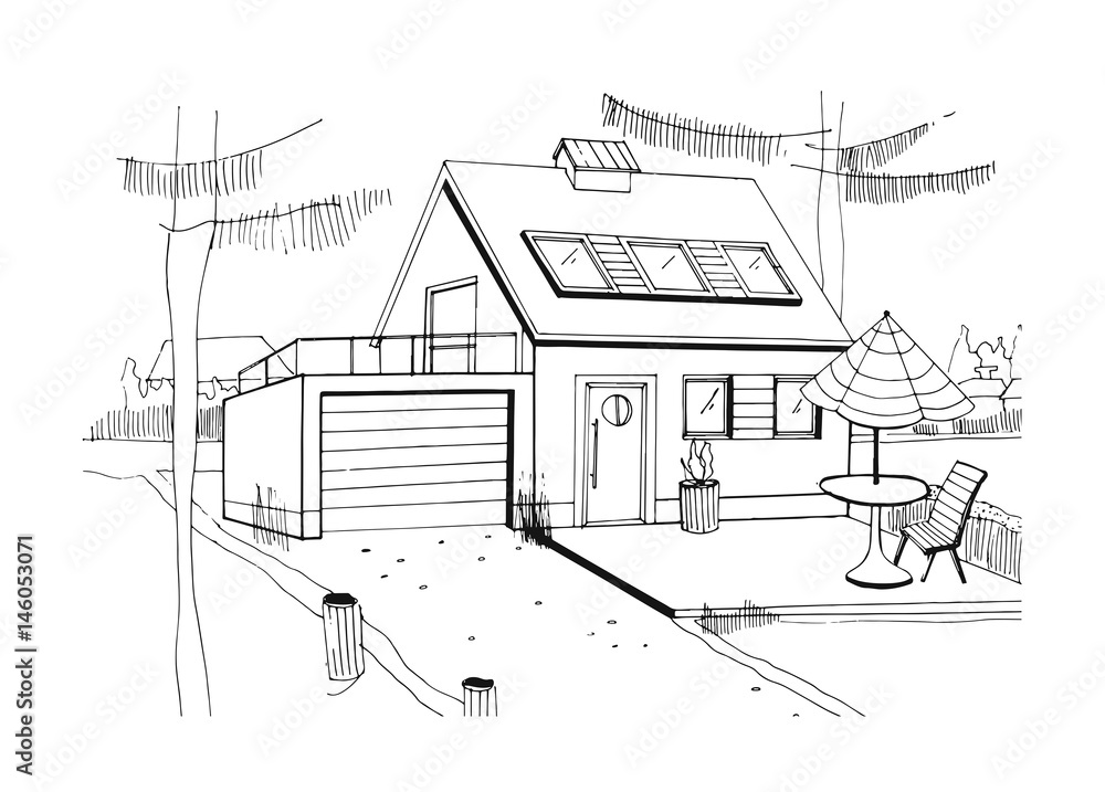 Hand drawn country house. modern private residential house with garage. black and white sketch illustration.