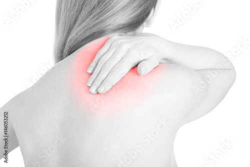 Young woman with scapula red pain area isolated on white, clipping path
