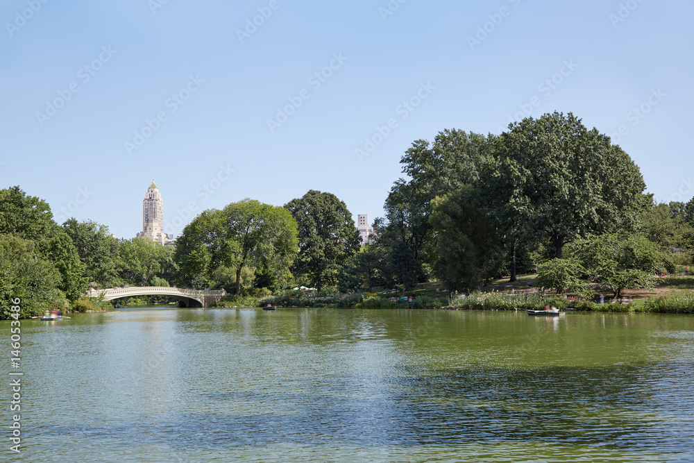 Central Park pond view and white bow bridge in a sunny day in New York