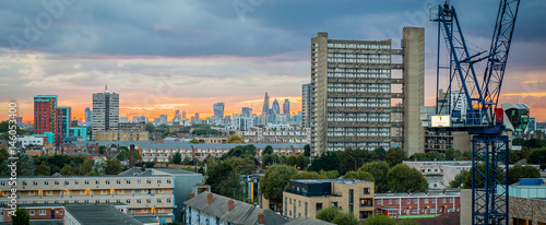 2017 January United Kingdom London, Evening view to Canary Wharf, business and financial buildings