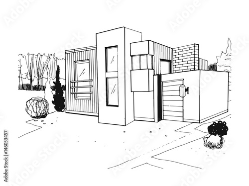 Hand drawn villa. modern private residential house. black and white sketch illustration.
