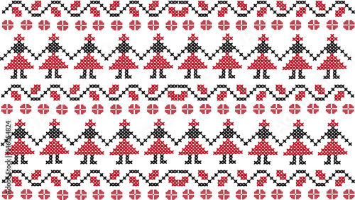Vector abstract Romanian folklore traditional style knitted girls silhouettes dancing  pattern 