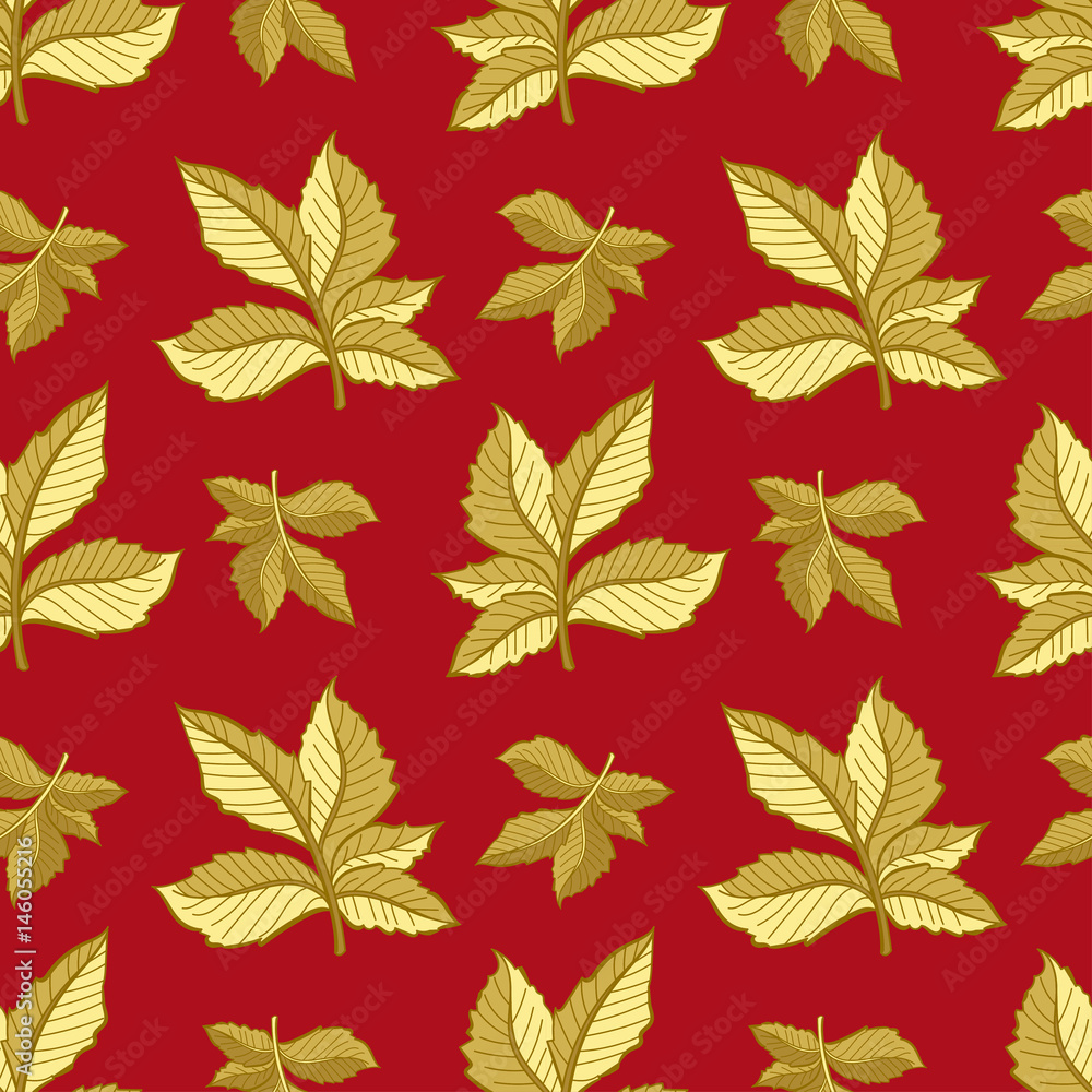 Obraz premium Vector seamless pattern with gold leaves on red background.