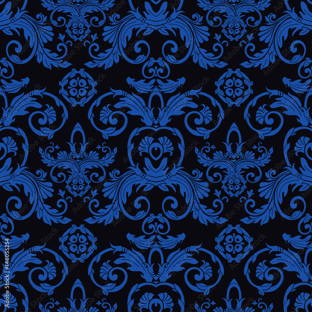 Vector damask seamless pattern, blue on black background Vector damask seamless pattern, blue on black background