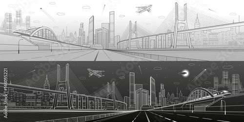 Infrastructure panorama. Large cable-stayed bridge. Train move on the bridge. Airplane fly. Empty highway. Modern city on background, towers and skyscrapers. Day and night version. Vector design art 