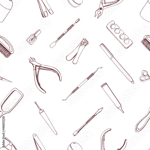 Manicure equipment seamless pattern. Hand drawn contour background.