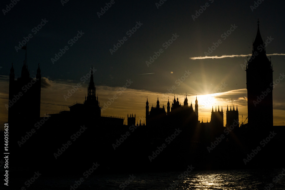 2017 January United Kingdom London, Shapes of Westminster, Big Ben, Parliament, old city under the sun