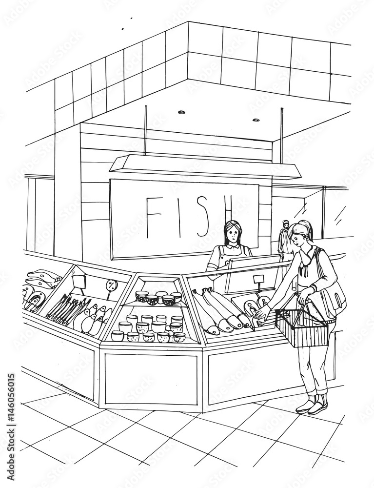 Fish department hand drawn colorful illustration. store interior with shoppers.