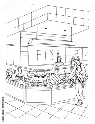 Fish department hand drawn colorful illustration. store interior with shoppers.