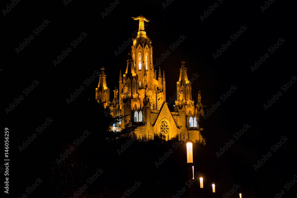 Sacred Heart church on Mount Tibidabo in Barcelona. Illuminated night view