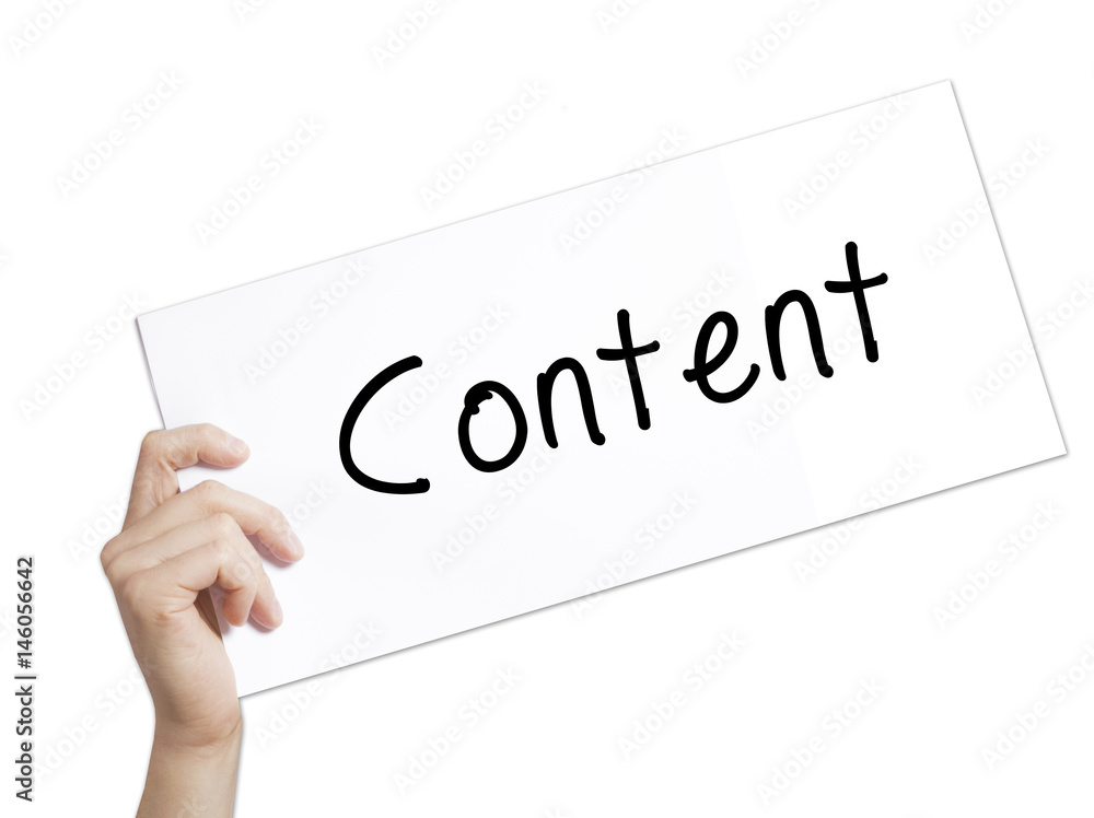 Content Sign on white paper. Man Hand Holding Paper with text. Isolated on white background Content Sign on white paper. Man Hand Holding Paper with text. Isolated on white background