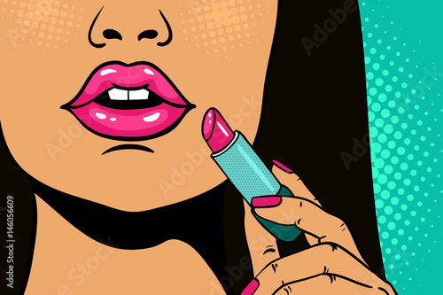 Pop art makeup. Closeup of sexy open female mouth and pink lipstick in hand. Vector bright background in comic retro pop art style.