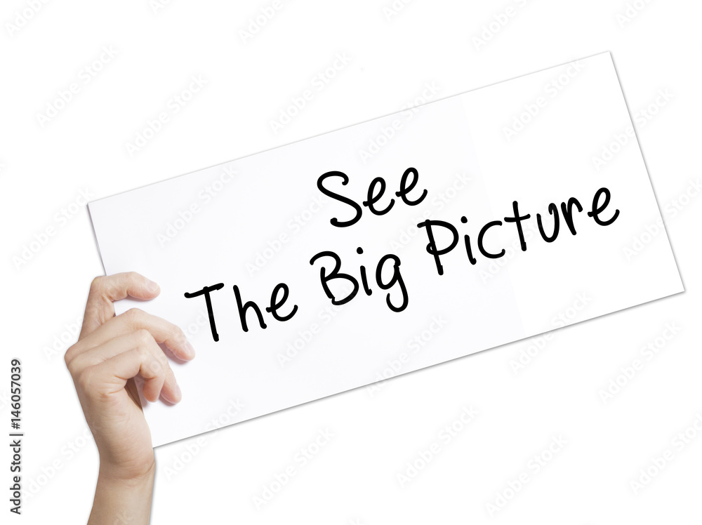 See The Big Picture Sign on white paper. Man Hand Holding Paper with text. Isolated on white background See The Big Picture Sign on white paper. Man Hand Holding Paper with text. Isolated on white background