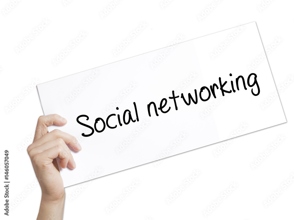 Social networking Sign on white paper. Man Hand Holding Paper with text. Isolated on white background Social networking Sign on white paper. Man Hand Holding Paper with text. Isolated on white background
