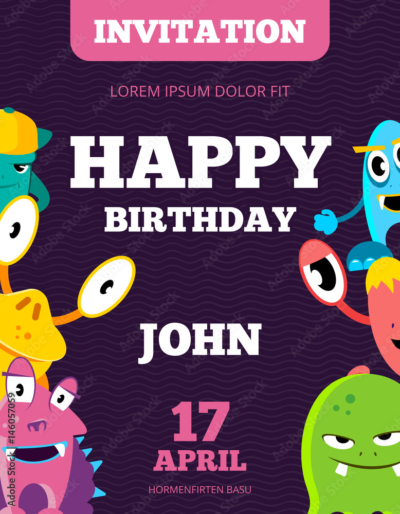 Fototapeta premium Children happy birthday invitation vector card with playful funny laughing monsters