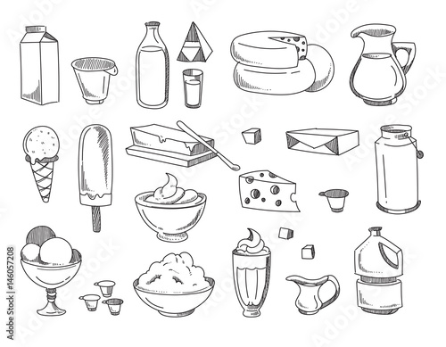 Doodle dairy and milk products. Vector hand drawn icons