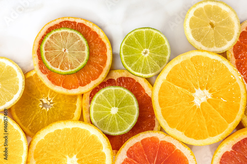  Grapefruit, lime, lemon, and orange slices with copyspace