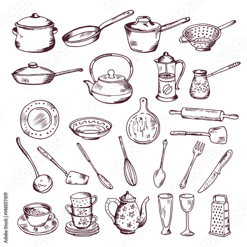 Hand drawn vector illustration of kitchen tools isolate on white background