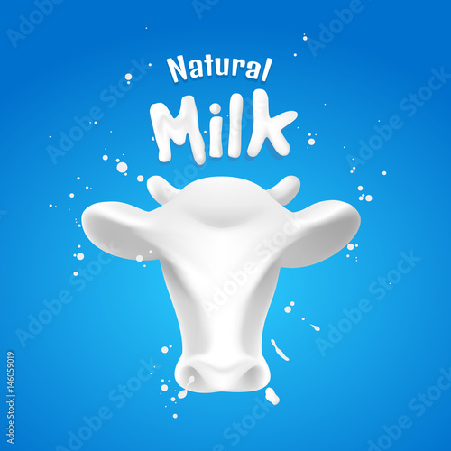 The head of an abstract cow with milk splash on the blue scene.