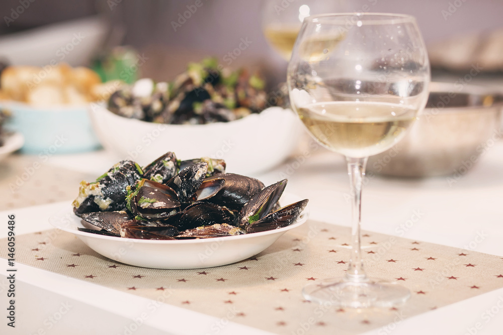 Steamed mussels in cheese sauce. Steamed mussels in cheese sauce.