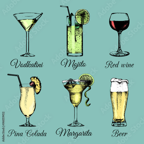 Cocktails drinks and glasses. Hand sketched alcoholic beverages. Vector set of illustrations, pina colada,margarita etc.