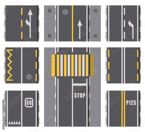 Collection of roads highway top view elements. Detailed isolated road plan surface. Two lane traffic. Vector illustration.