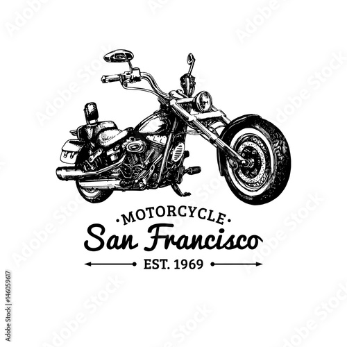 Biker club logo. Vector hand drawn motorcycle. Vintage detailed chopper illustration for custom company, store etc.
