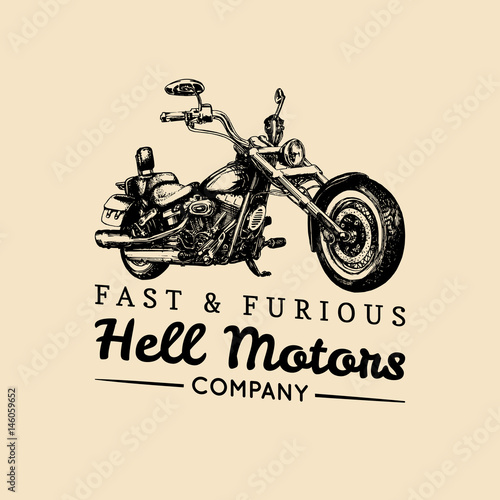 Fast And Furious advertising poster. Vector hand drawn motorcycle in ink style. Vintage detailed chopper illustration.