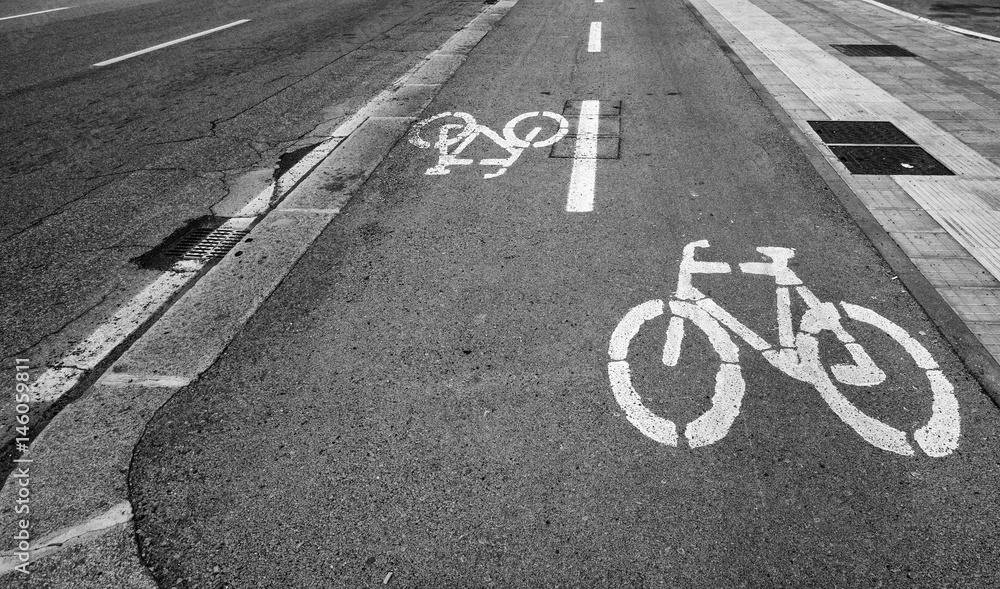 Fototapeta premium Bicycle lane sign on the road, symbol for roadway part reserved for cyclist only