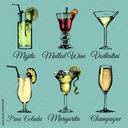 Cocktails and glasses. Hand sketched alcoholic beverages. Vector set of drinks illustrations, margarita, mojito etc.