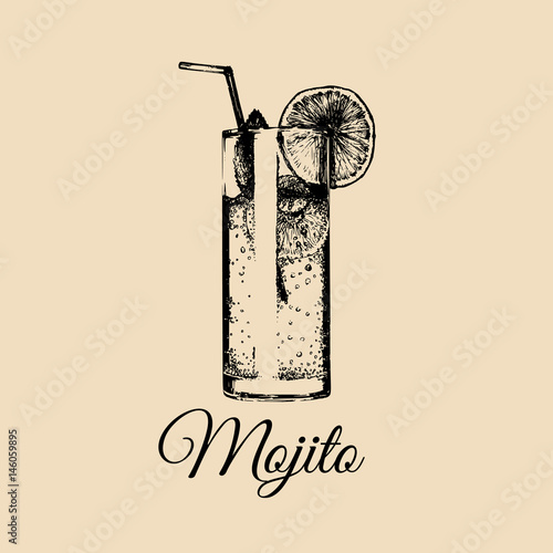 Mojito glass isolated. Hand drawn sketch of traditional cocktail with with slice of lime and straw for cafe menu design.