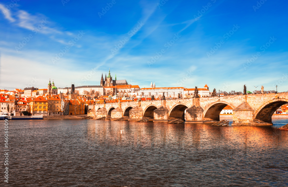 A panoramic view of Prague and Charles bridge, Czech