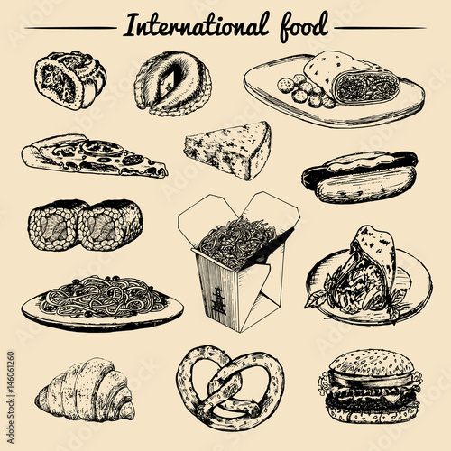 Vector international food menu.Fusion cuisine carte.Vintage hand drawn quick meals collection.Fast-food restaurant icons