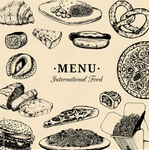 Vector international food menu.Fusion cuisine carte.Vintage hand drawn quick meals collection.Fast-food restaurant icons