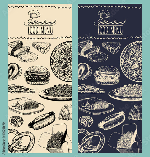 Vector international food menu.Fusion cuisine carte.Vintage hand drawn quick meals collection.Fast-food restaurant icons