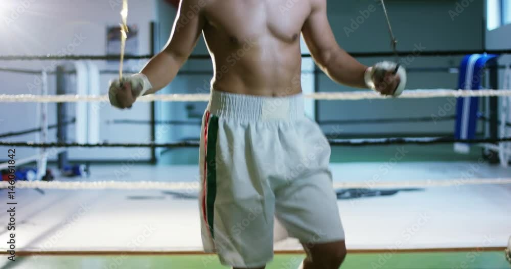 A professional boxer in the gym, jumping rope, improving endurance, speed and sharpness, excellent body and training, in white sportswear. Concept: love of sport, young boxers, love to win A professional boxer in the gym, jumping rope, improving endurance, speed and sharpness, excellent body and training, in white sportswear. Concept: love of sport, young boxers, love to win
