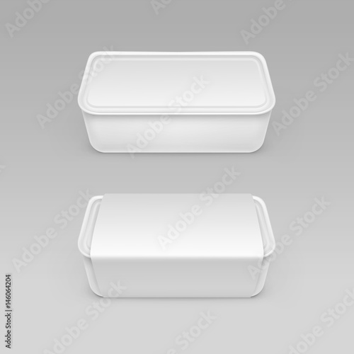 Vector White Blank Food Plastic Box Container for Mayonnaise, Margarine, Cheese, Ice cream, Sour cream with Label For Package Design Mock up Close up Isolated on Background