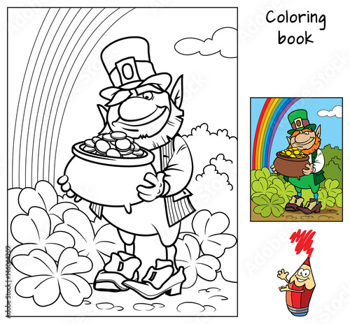 Leprechaun with pot of gold. Coloring book. Cartoon vector illustration