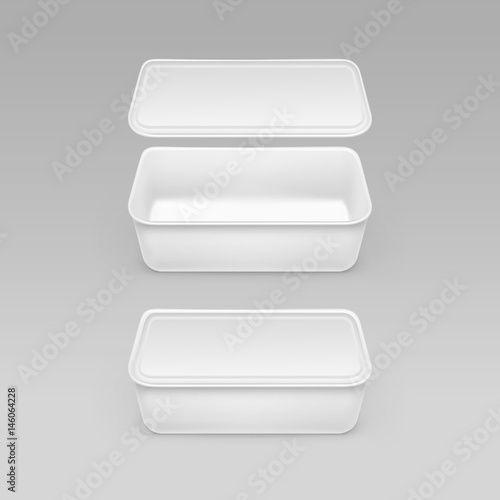 Vector Closed Opened White Blank Food Plastic Box Container for Mayonnaise, Margarine, Cheese, Ice cream, Sour cream with Label For Package Design Mock up Close up Isolated on Background