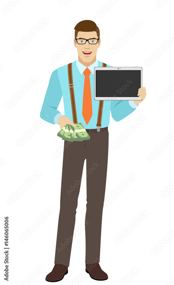 Businessman with cash money holding digital tablet Businessman with cash money holding digital tablet